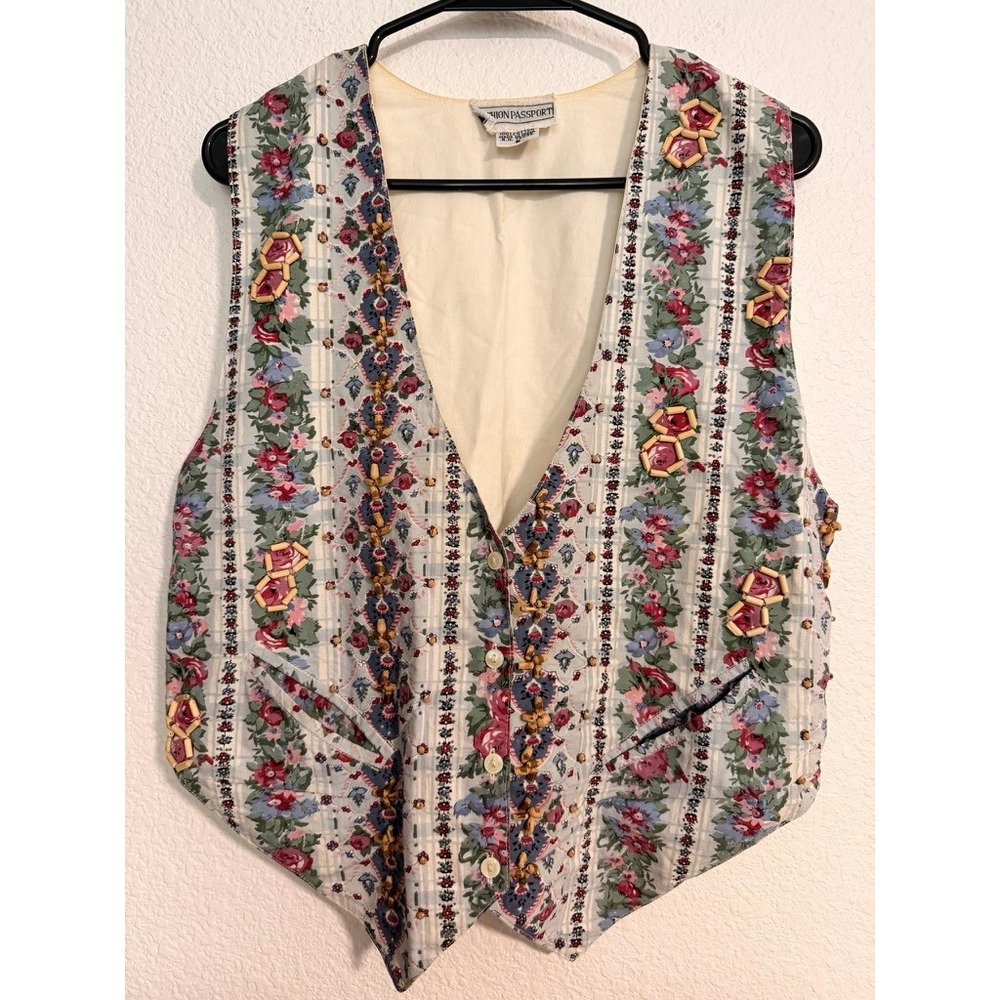 Vintage Fashion Passport Floral Wood Bead Vest Womens Small Cotton Cottagecore